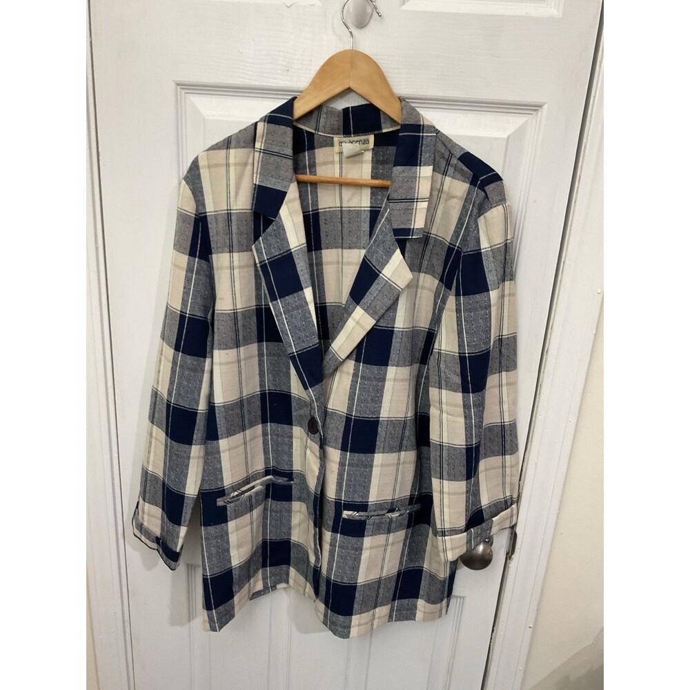 Vintage Apparenza  Blazer Wms Sz Lg Blue/Tan Plaid 2 Pockets